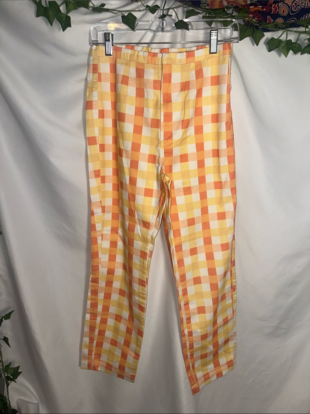Free People Yellow and Orange Gingham Chinos